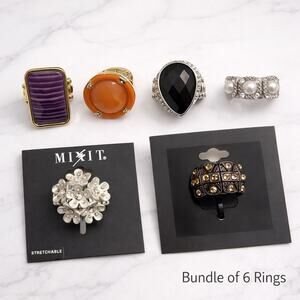 Statement Ring Bundle – 6 Pieces | Stretch & Adjustable | Mixed Styles